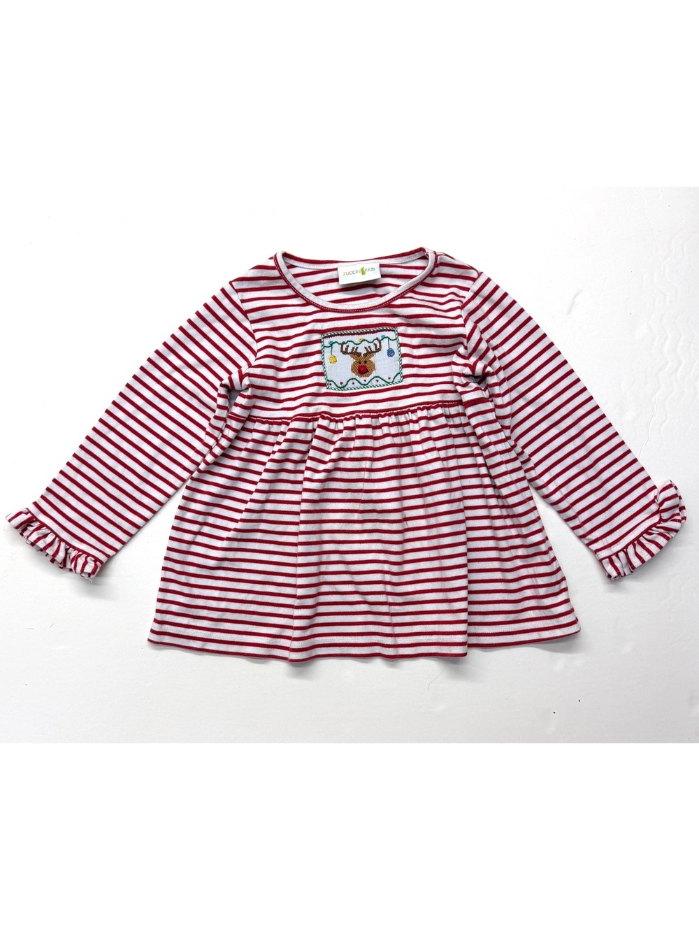 Zuccini Kids Girls Red Striped Reindeer Christmas Smocked Tunic Top